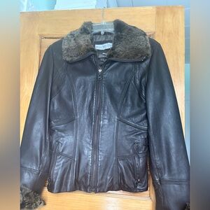 Marc New York Dark Brown Leather Jacket with Faux Fur Collar